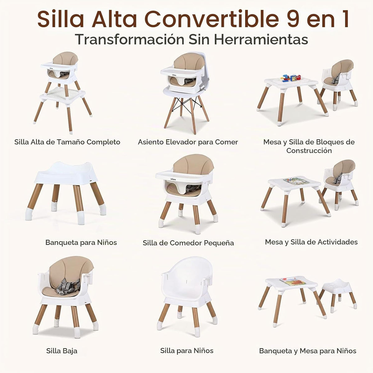 INFANS Silla alta para bebé, silla alta convertible 9 en 1 para beb...