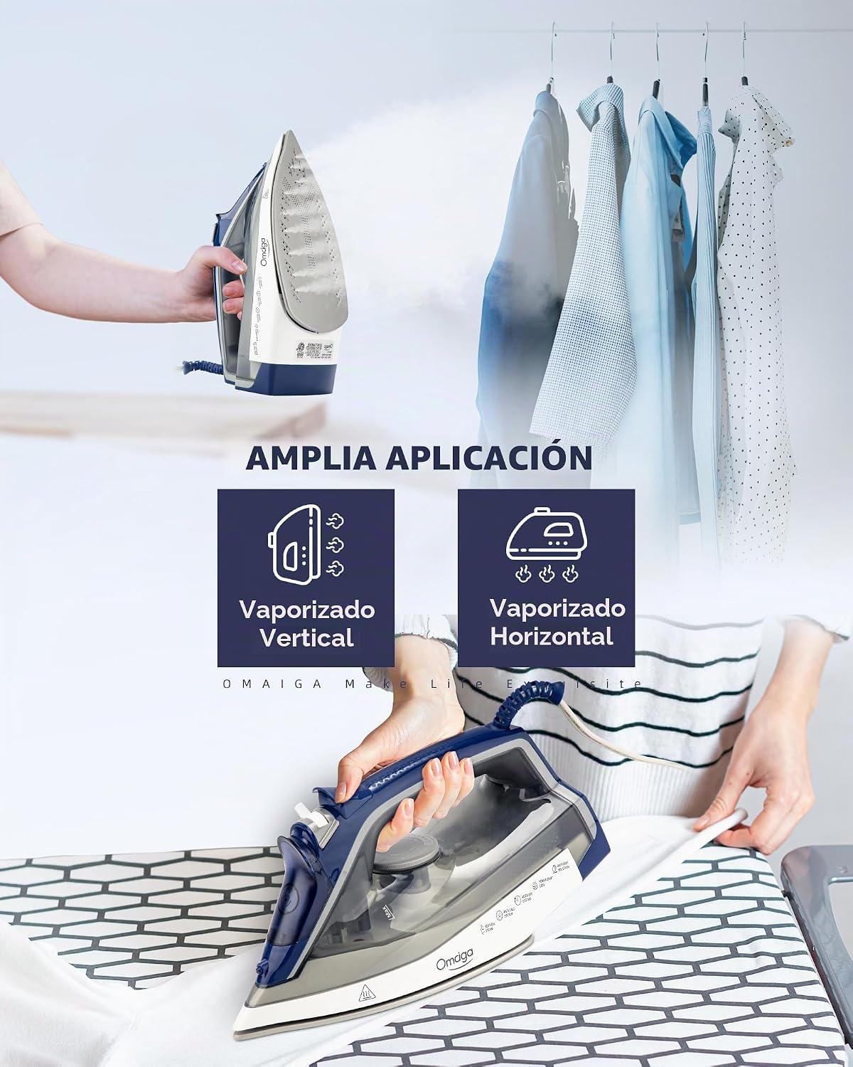 OMAIGA Plancha de vapor para ropa, 1750W, suela de cerámica, tanque...