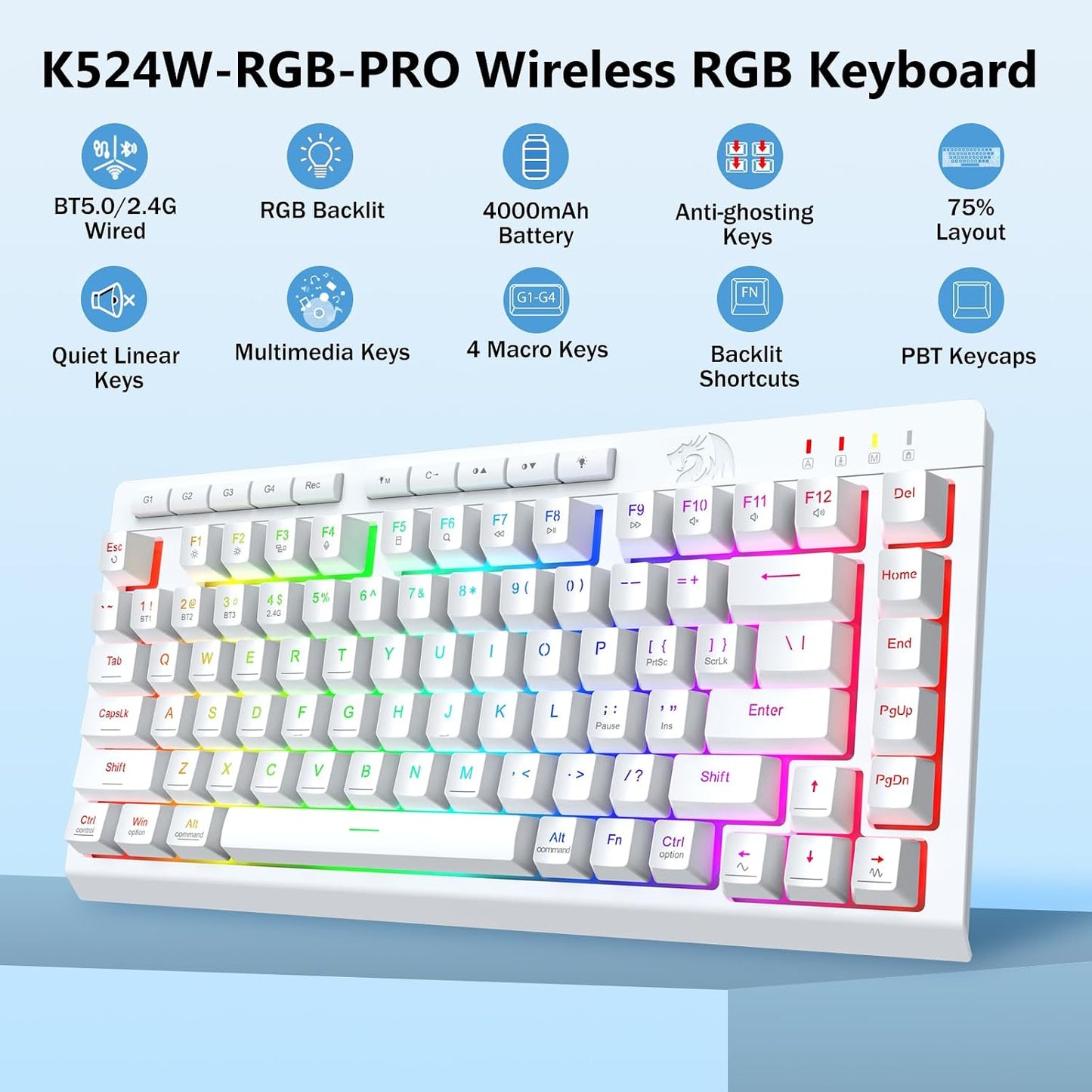Redragon Teclado inalámbrico para juegos, Bluetooth\/2.4GHz\/USB-C...