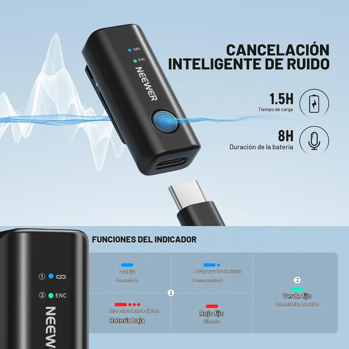 NEEWER KM23B Micrófono Lavalier Inalámbrico con Control de Aplicaci...