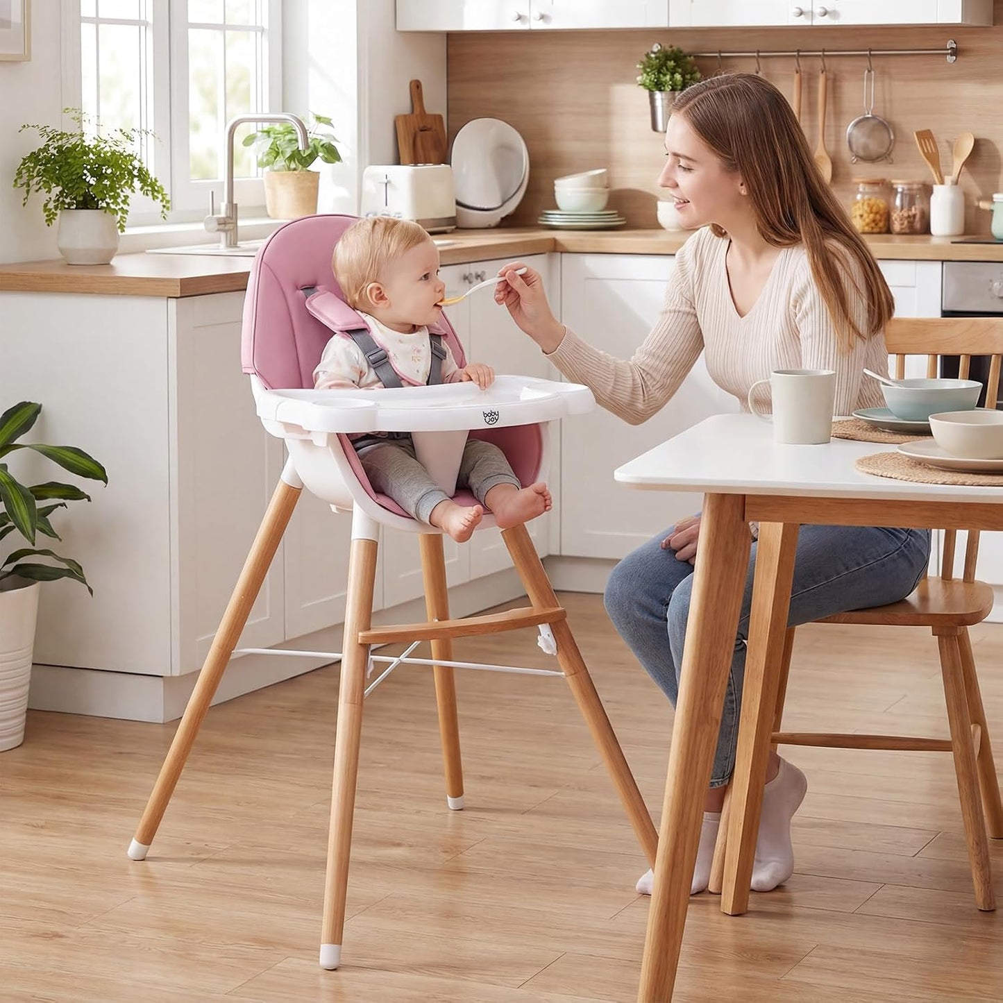 BABY JOY Silla alta para bebé, silla alta de madera para bebés y ni...
