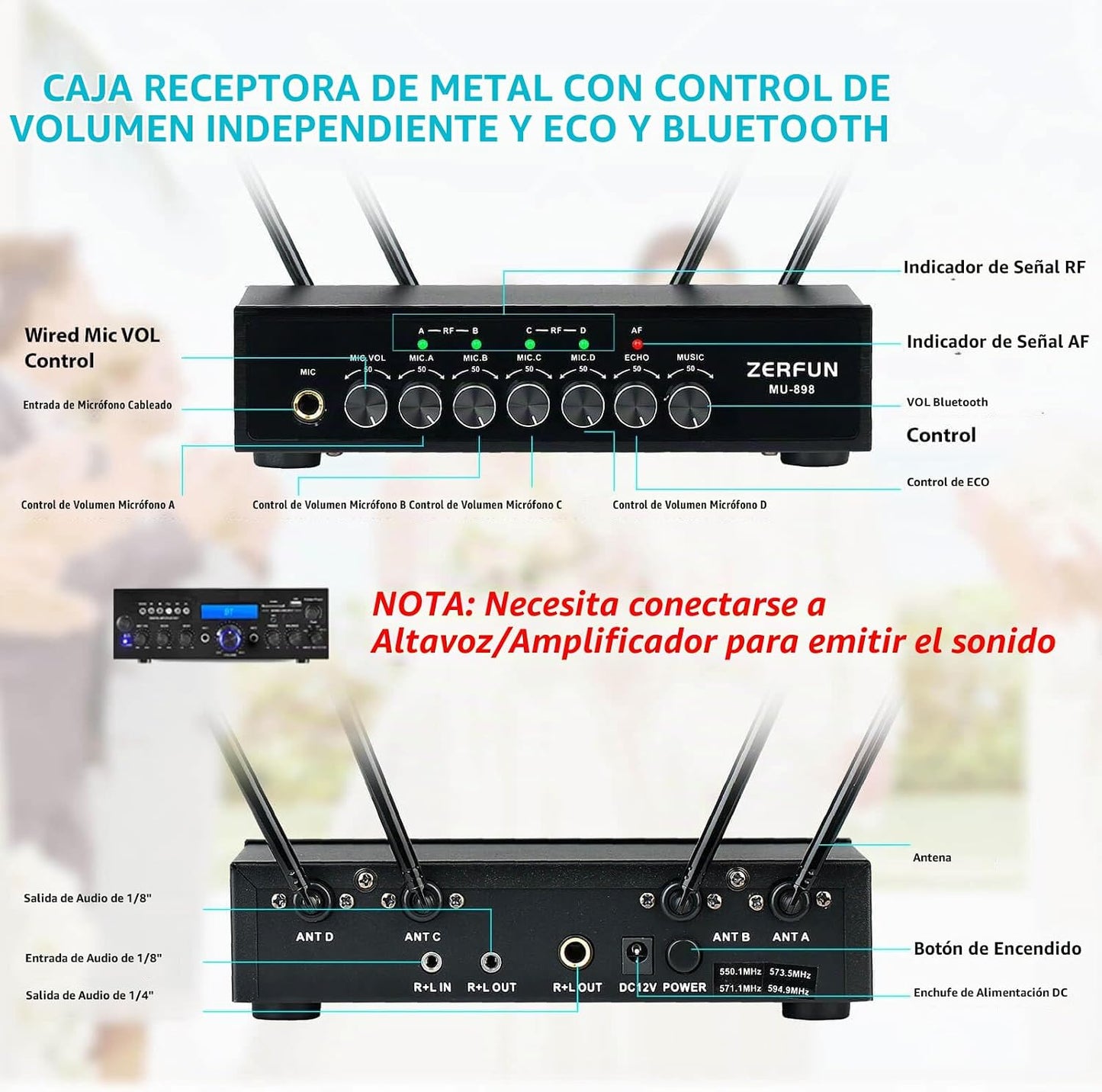 ZERFUN Sistema de Micrófono Inalámbrico Recargable de 4 Canales, Mi...