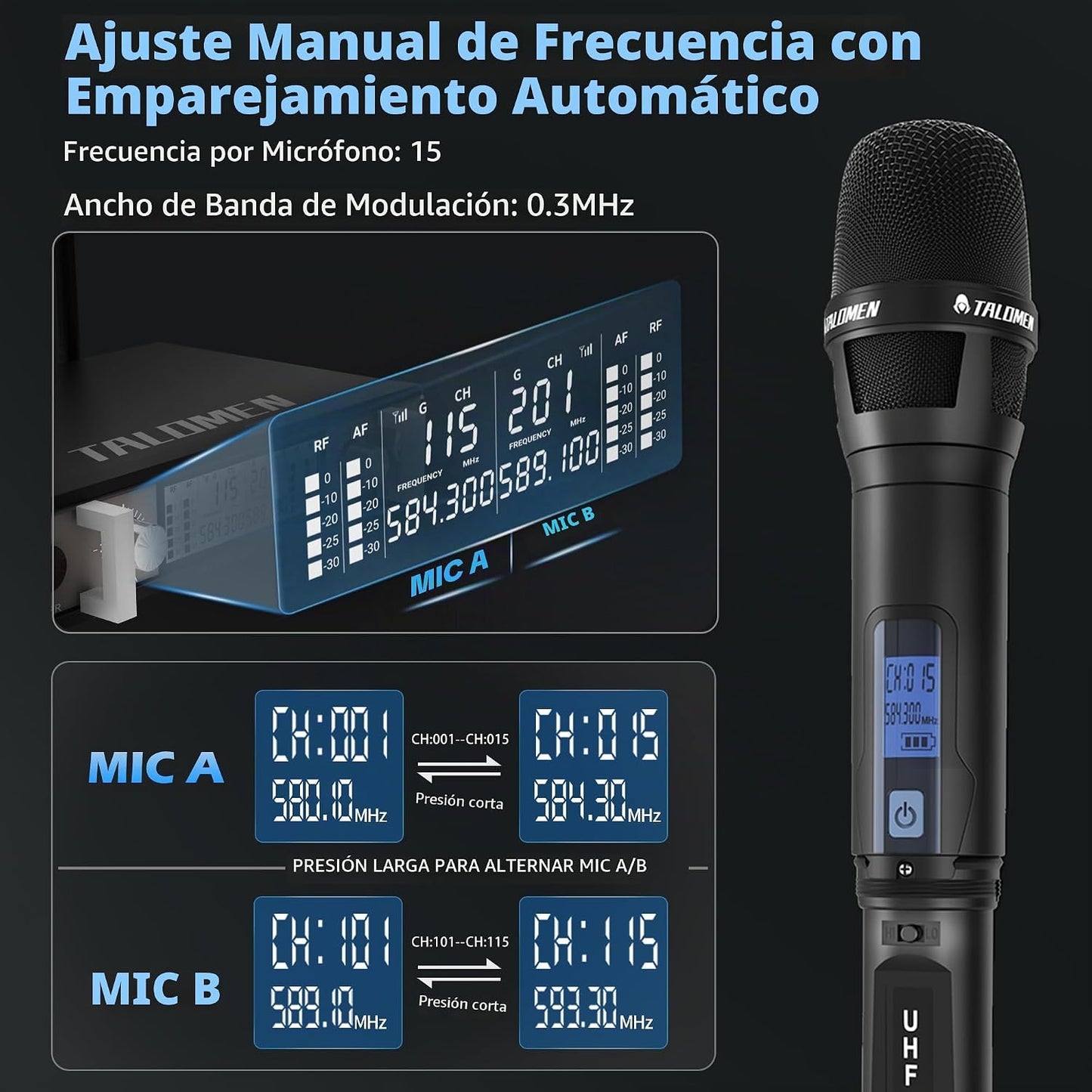 talomen Sistema de micrófono inalámbrico, UHF Dual Channel Handheld...