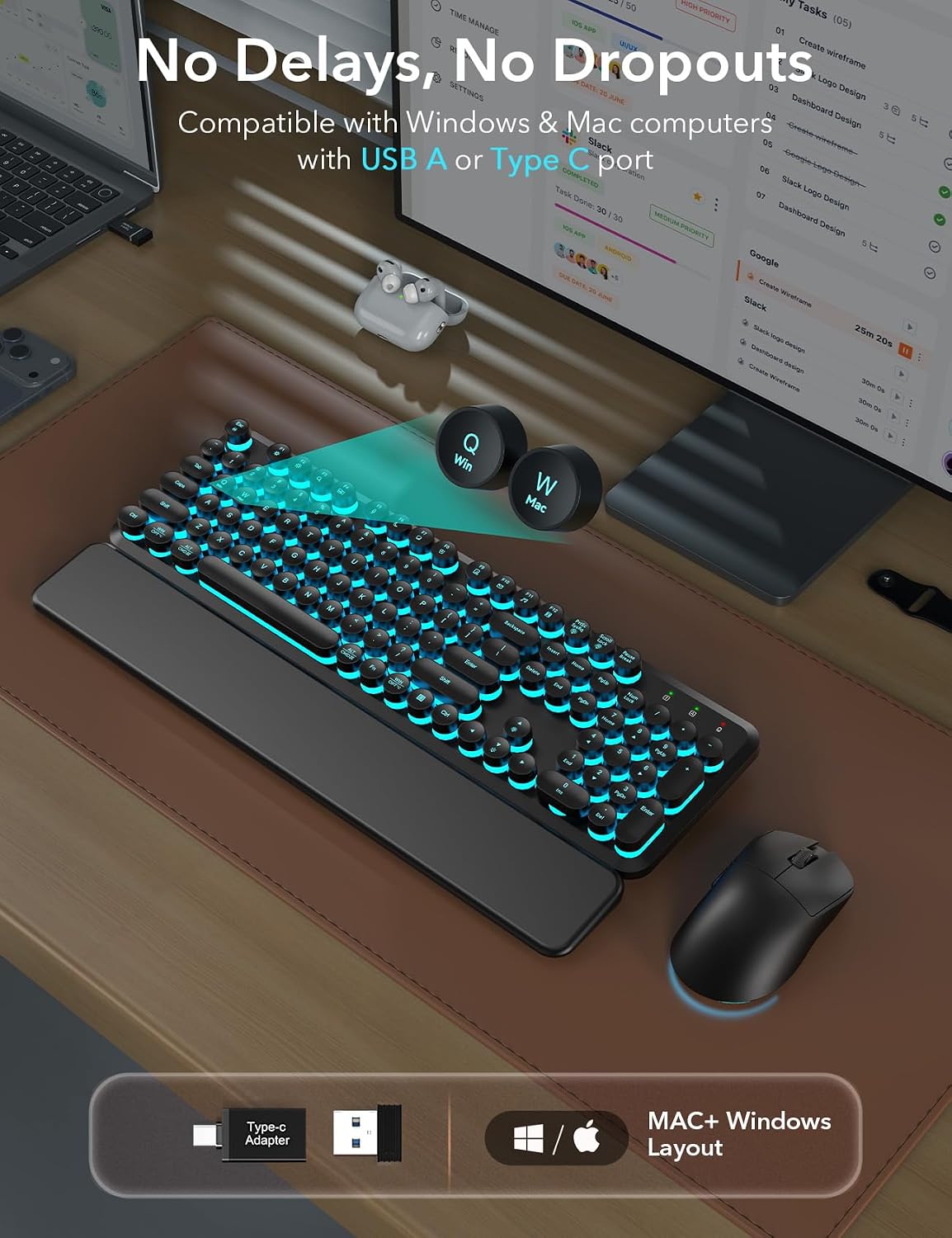 Teclado y ratón inalámbricos retroiluminados - Teclado de máquina d...