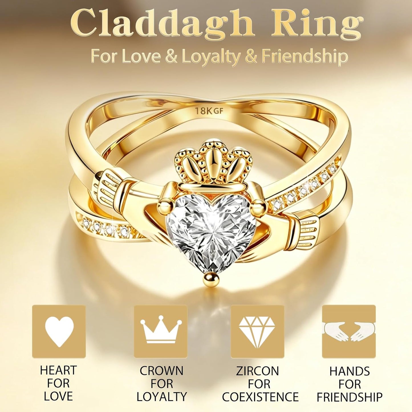 Anillo Claddagh de oro para mujer, anillo irlandés de oro de 18 qui...