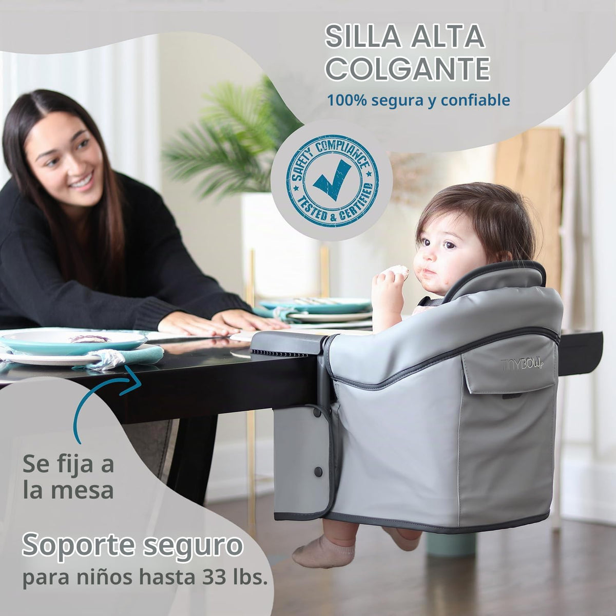 Elegante silla alta de cuero sintético con gancho para mesa, silla...
