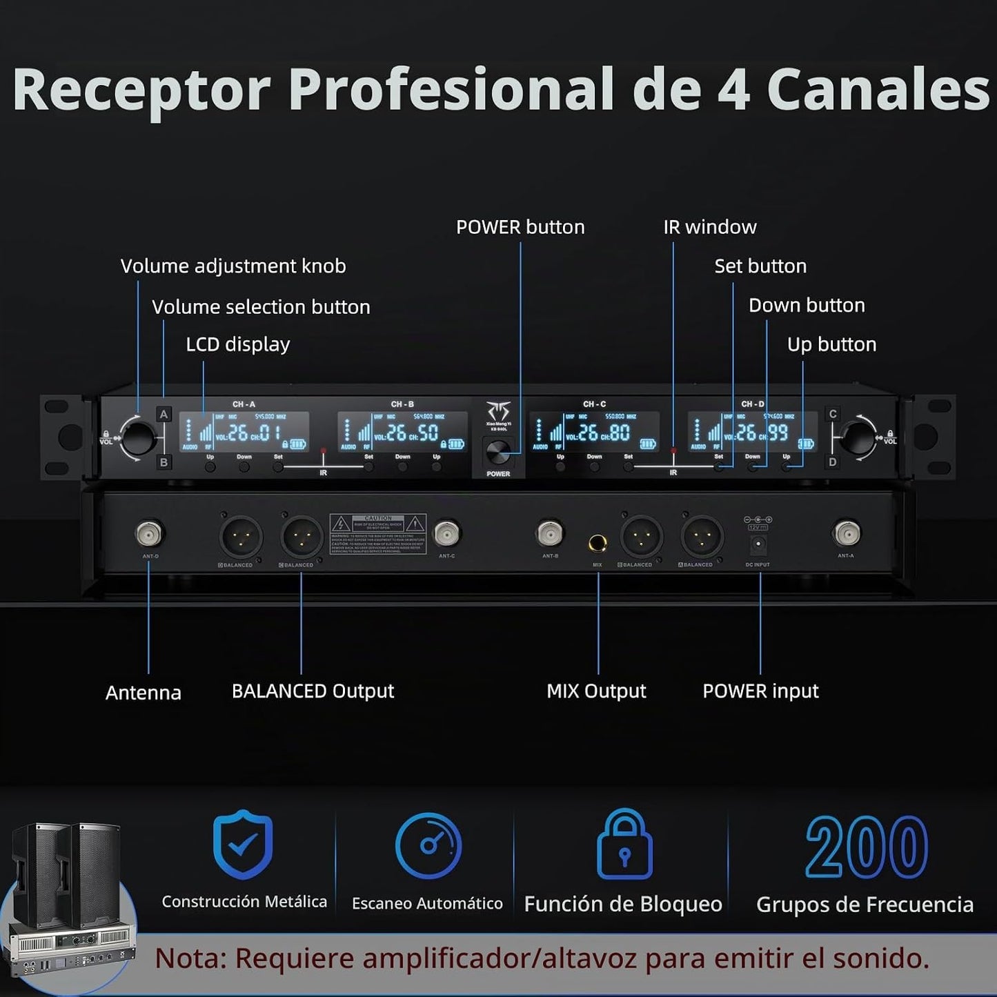 Sistema de micrófonos inalámbricos de 4 canales, kit de micrófono d...