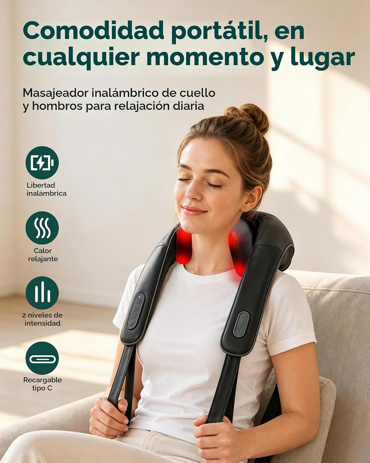 Masajeador de cuello y hombros Shiatsu 4D inalámbrico con calor, vi...