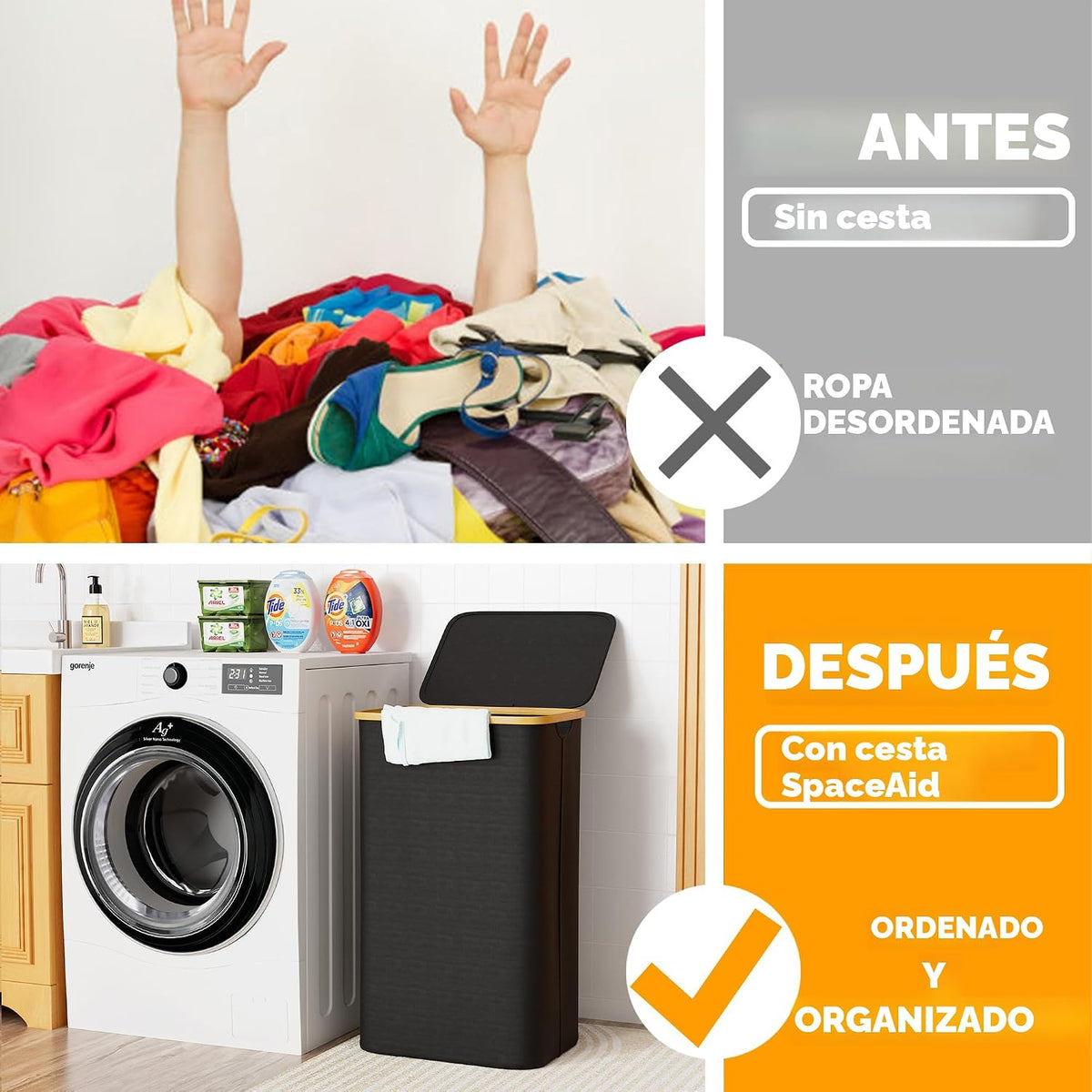 SpaceAid Cesta de lavandería con tapa, 110L de gran capacidad, cest...