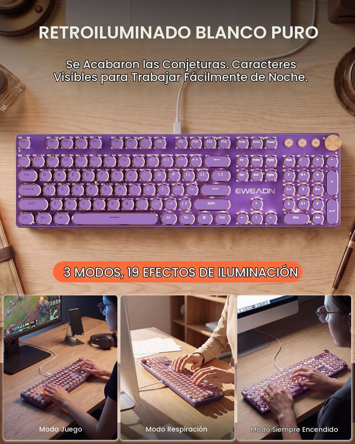 SEUNKWANG Combo de teclado y mouse con máquina de escribir con cabl...