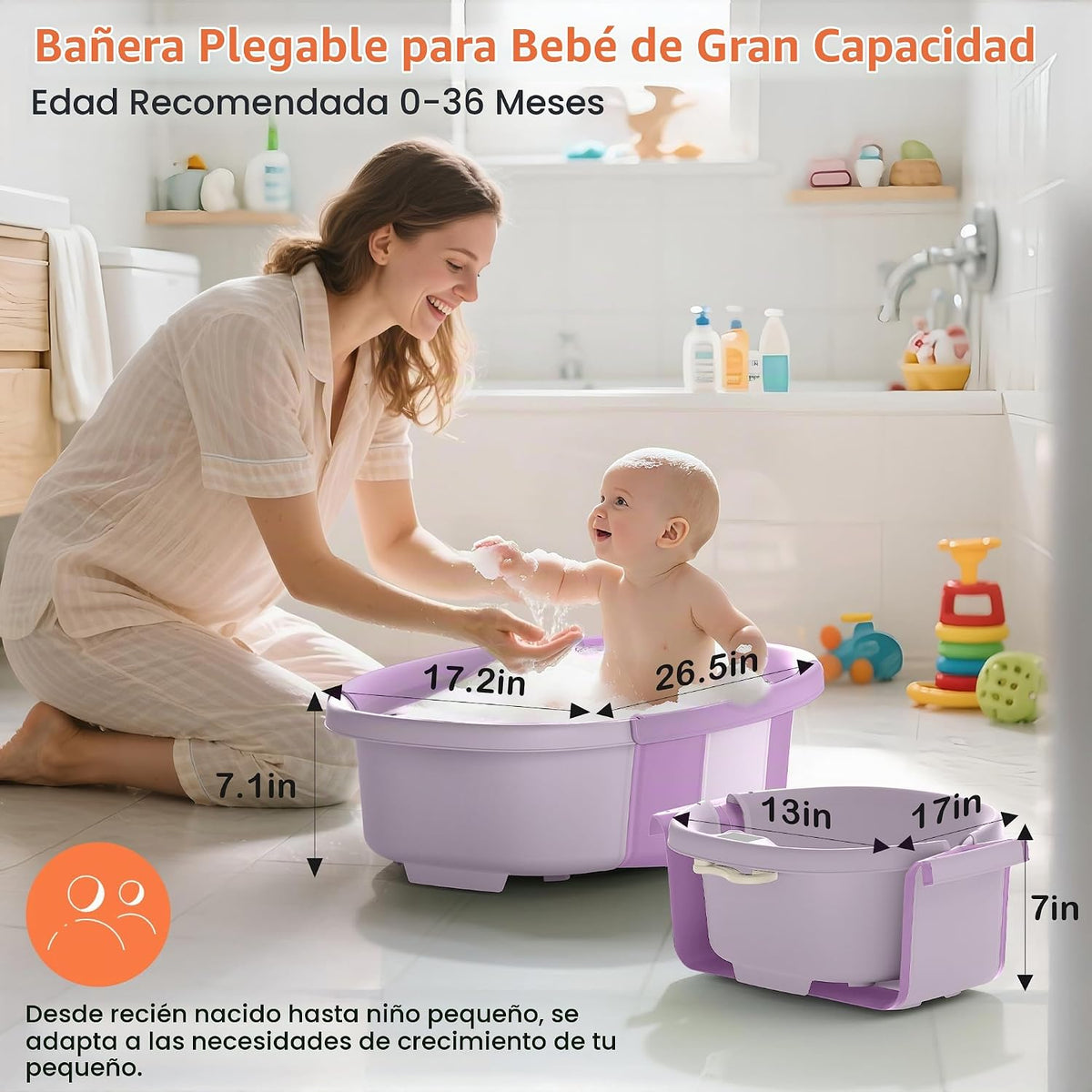 Bañera plegable para bebé, bañera grande para bebé con termómetro y...
