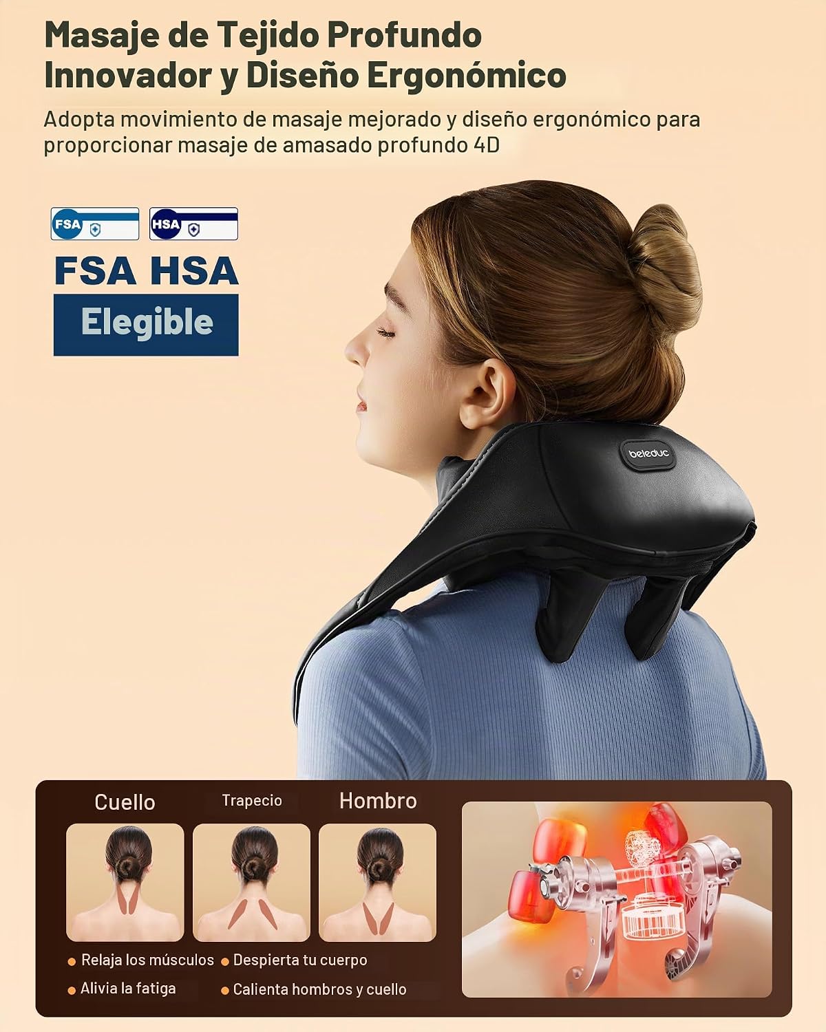 Beleduc Masajeador de cuello y espalda con calor relajante, apto pa...