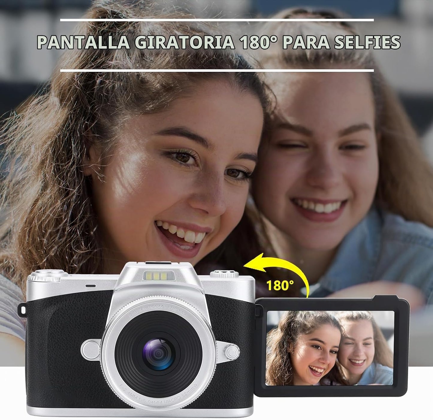 Cámara digital con pantalla abatible de 3 pulgadas, zoom digital de...