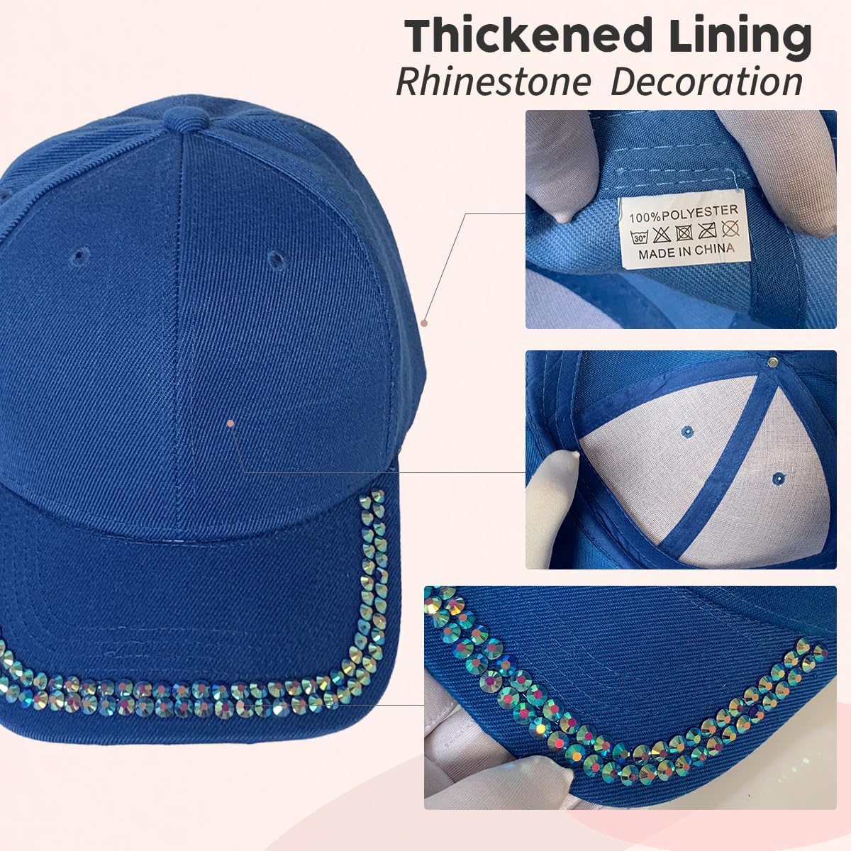 BUDUBIBI Gorra de béisbol con diamantes de imitación para mujer, go...