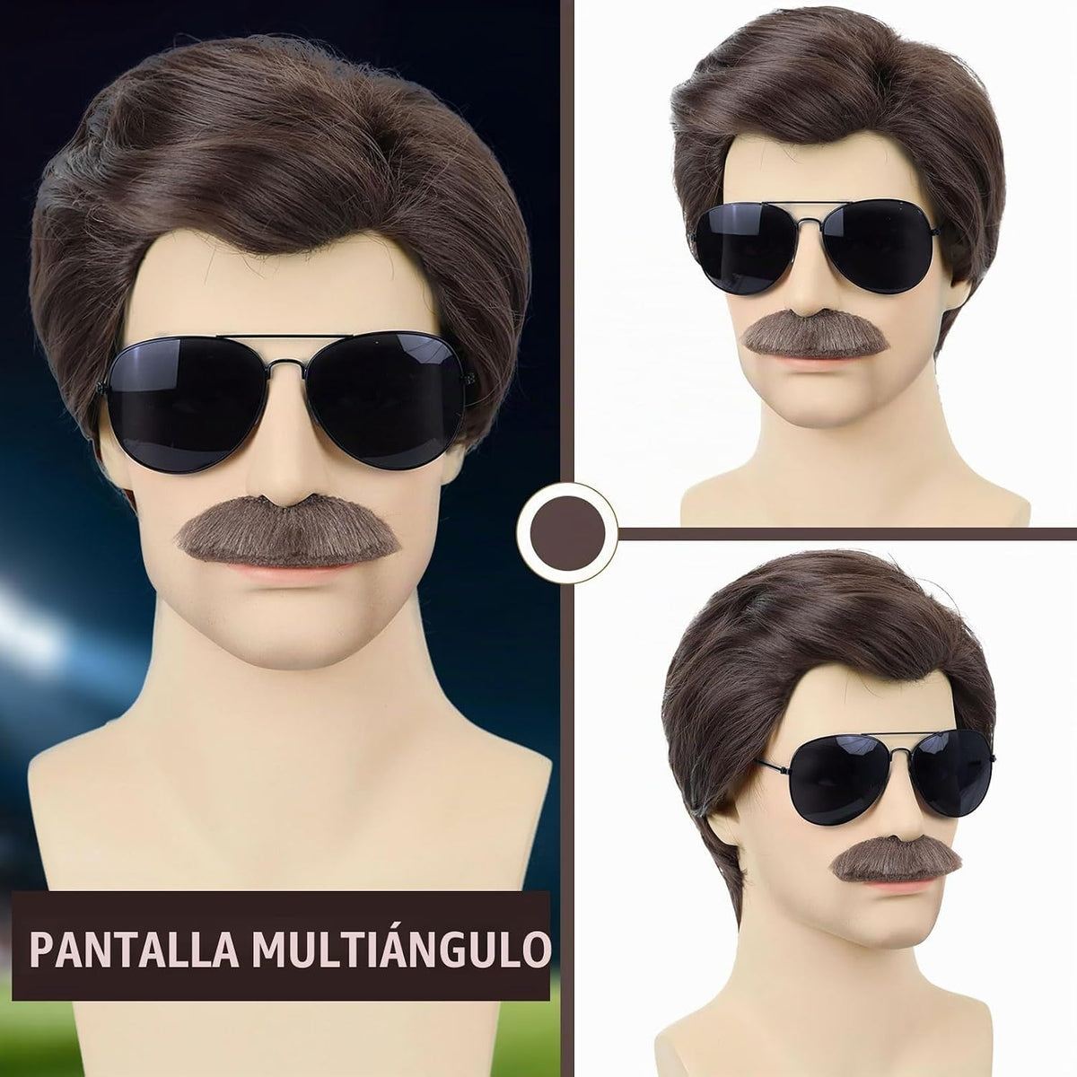 Wallden Hair Peluca corta marrón para hombre, bigote, lentes de sol...