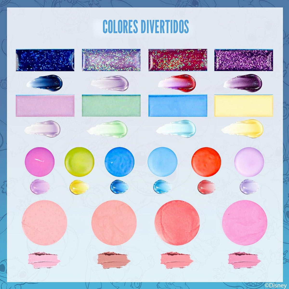 Stitch - Paleta de maquillaje plegable con espejo, brillo de labios...