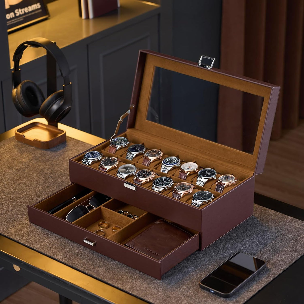 ProCase Caja de reloj, Caja de reloj para hombres con 14 ranuras y...