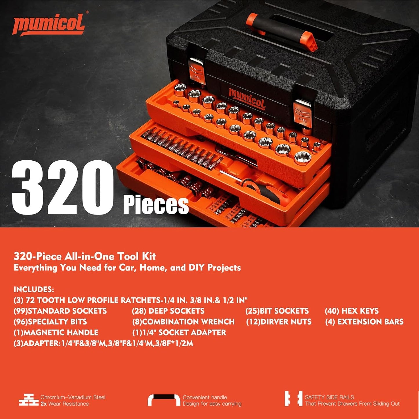 MUMICOL Juego de herramientas mecánicas, juego de zócalos, 320 piez...