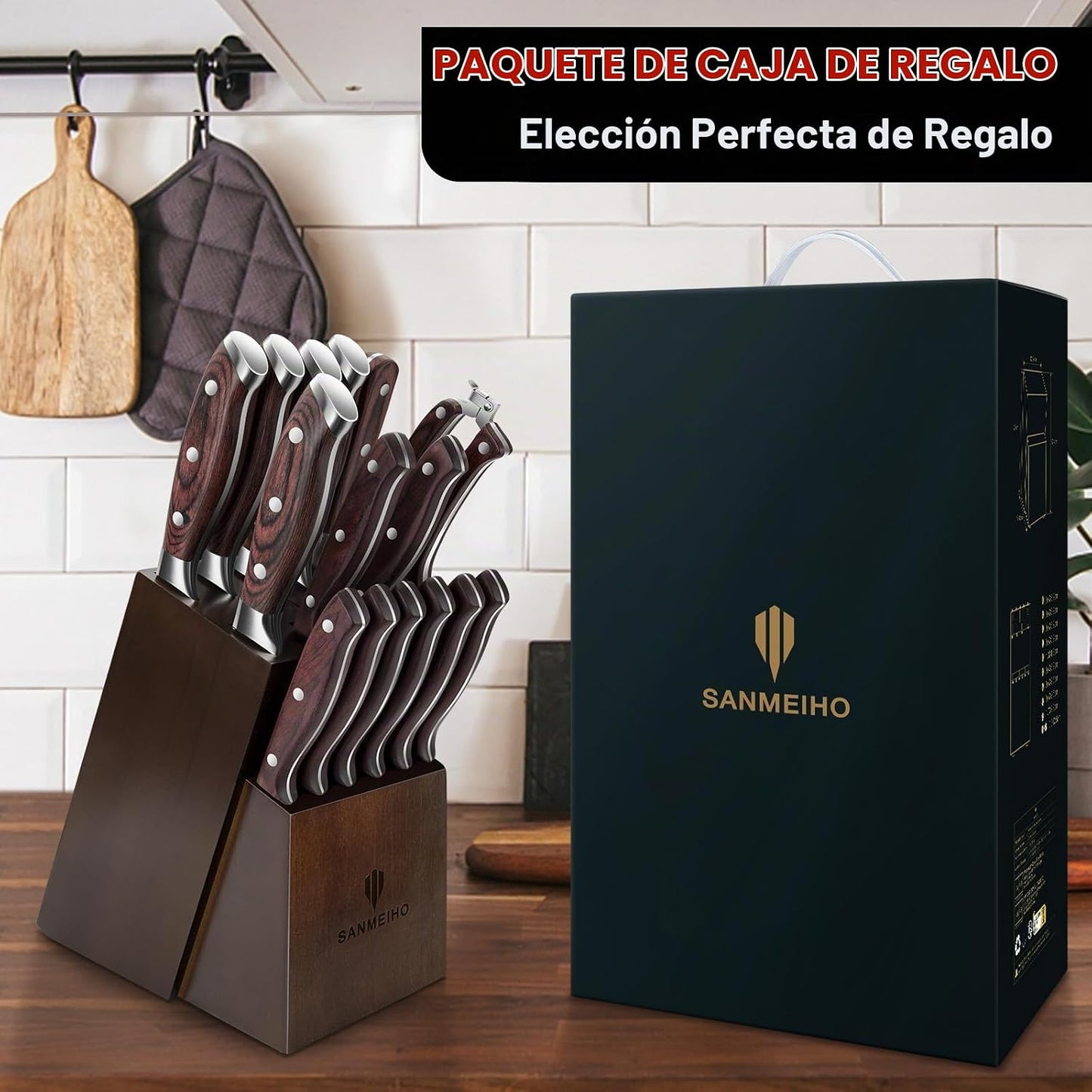 SANMEIHO Juego de cuchillos 16 piezas, cuchillo de cocina japonés c...