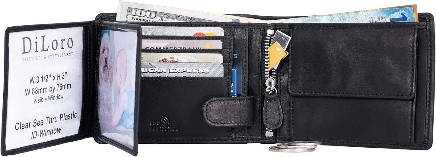 DiLoro Billetera plegable de cuero para hombre, tamaño completo, co...