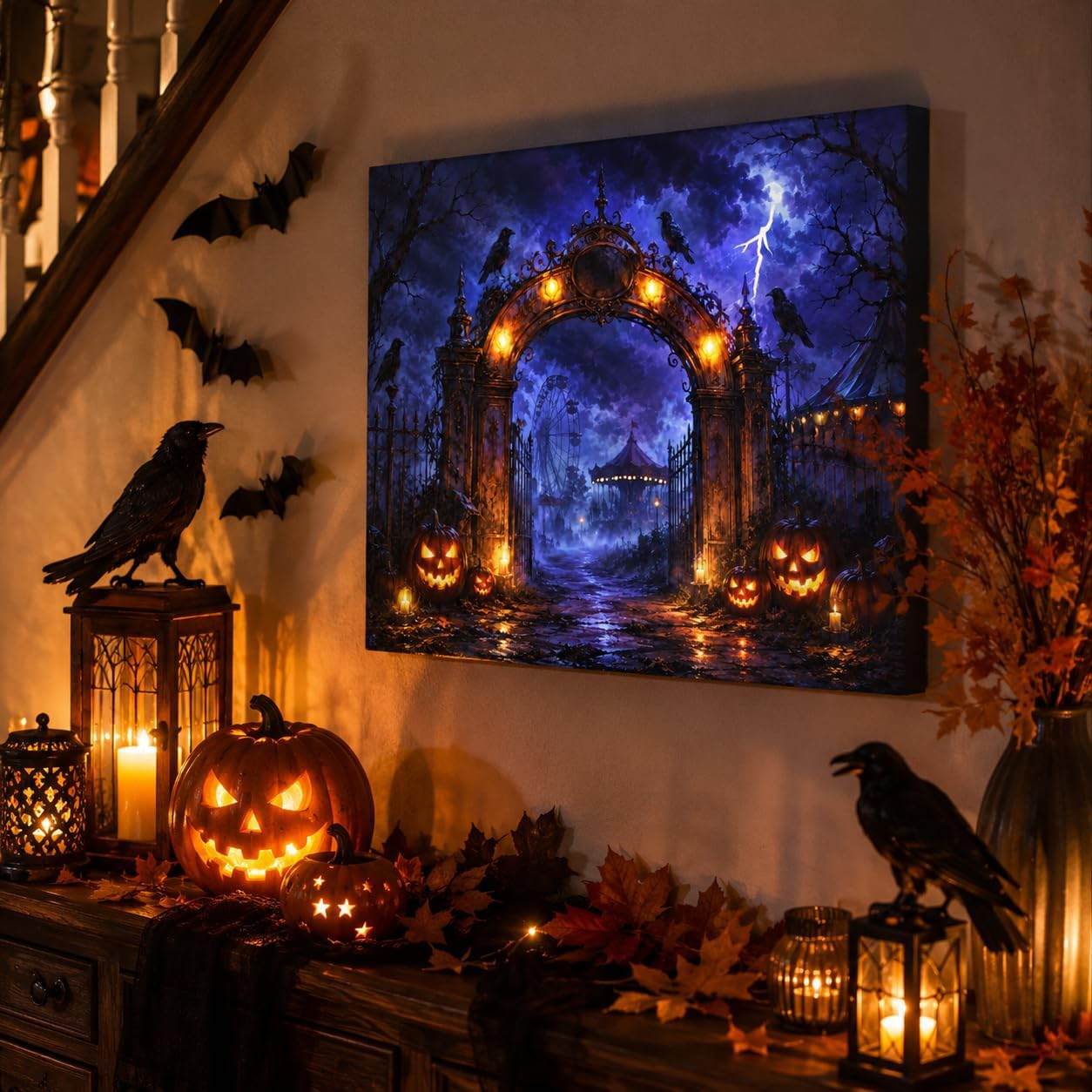 Artiluxy Lienzo decorativo LED de Halloween, parque de atracciones...