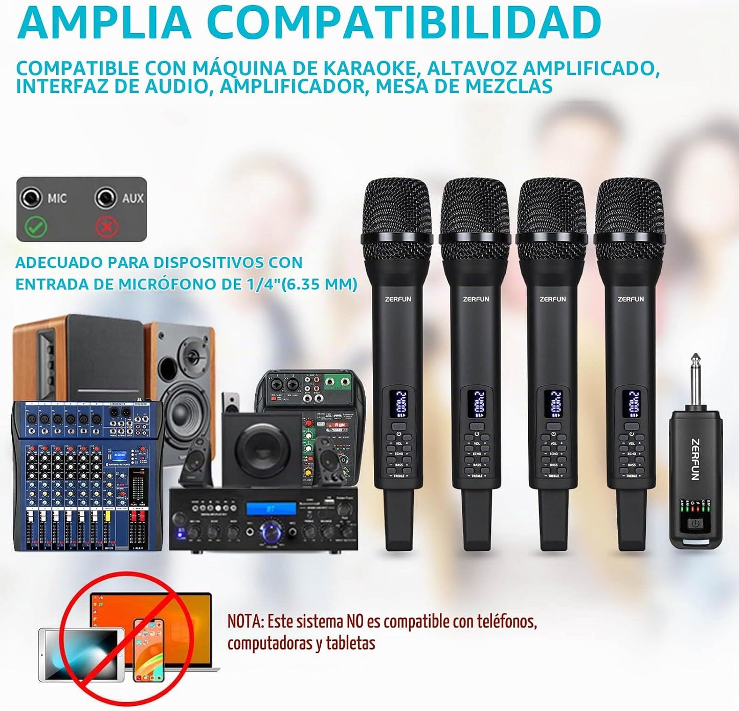 ZERFUN 4 Micrófonos Inalámbricos Recargables, Sistema de Micrófonos...