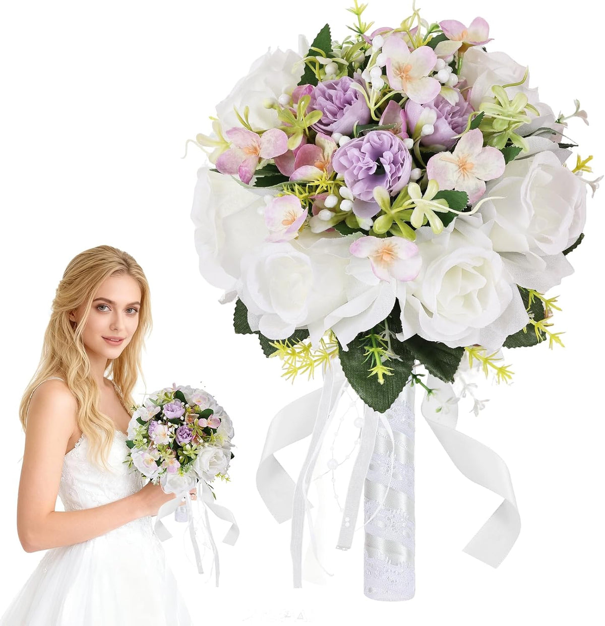Qeedy - Ramos de boda para novia, rosas artificiales de seda de 8 p...