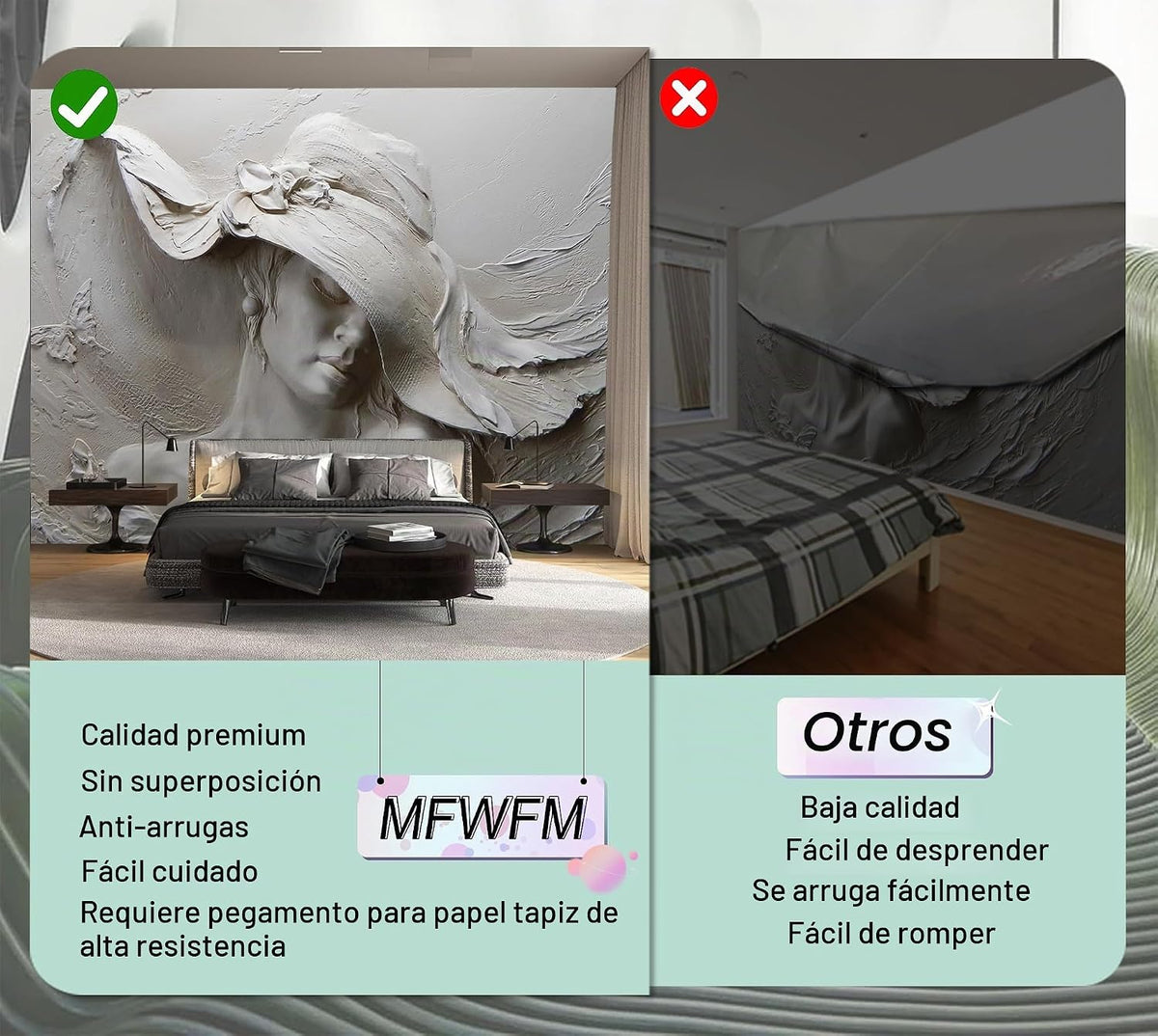 MFWFM Papel Tapiz Artístico 3D Ilusión Rostro de Mujer Relieve Mura...