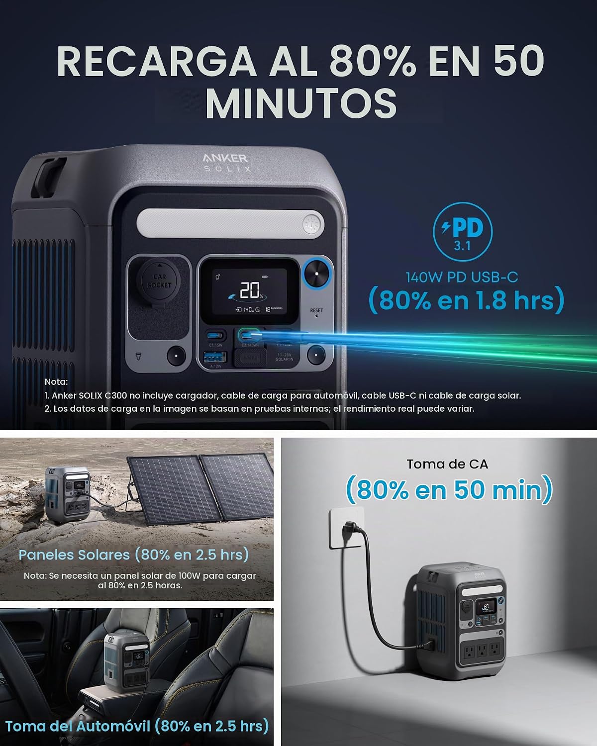 Anker Estación de energía portátil SOLIX C300, batería LiFePO4 de 2...