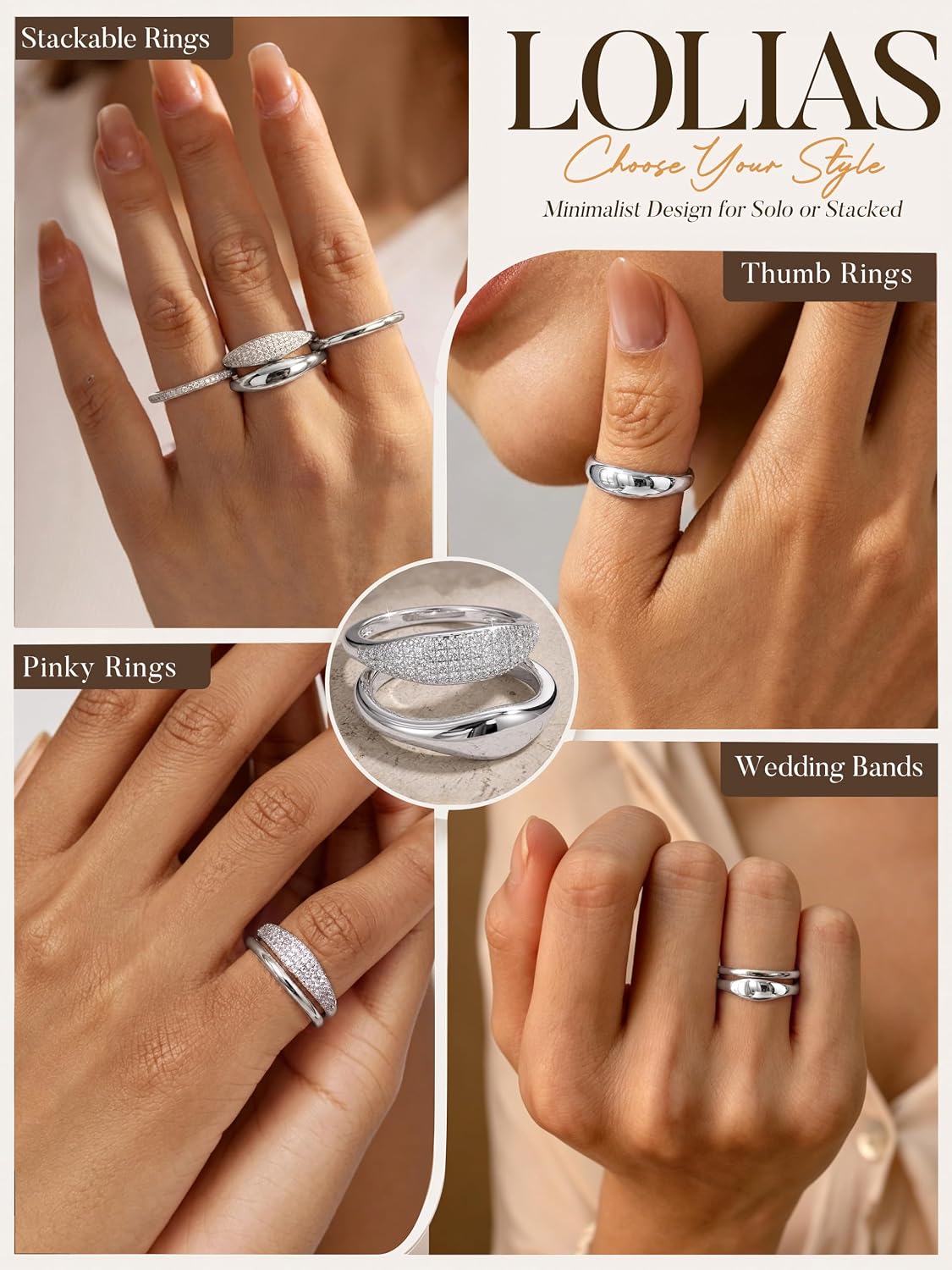 LOLIAS Anillos apilables chapados en oro de 14 quilates para mujer...