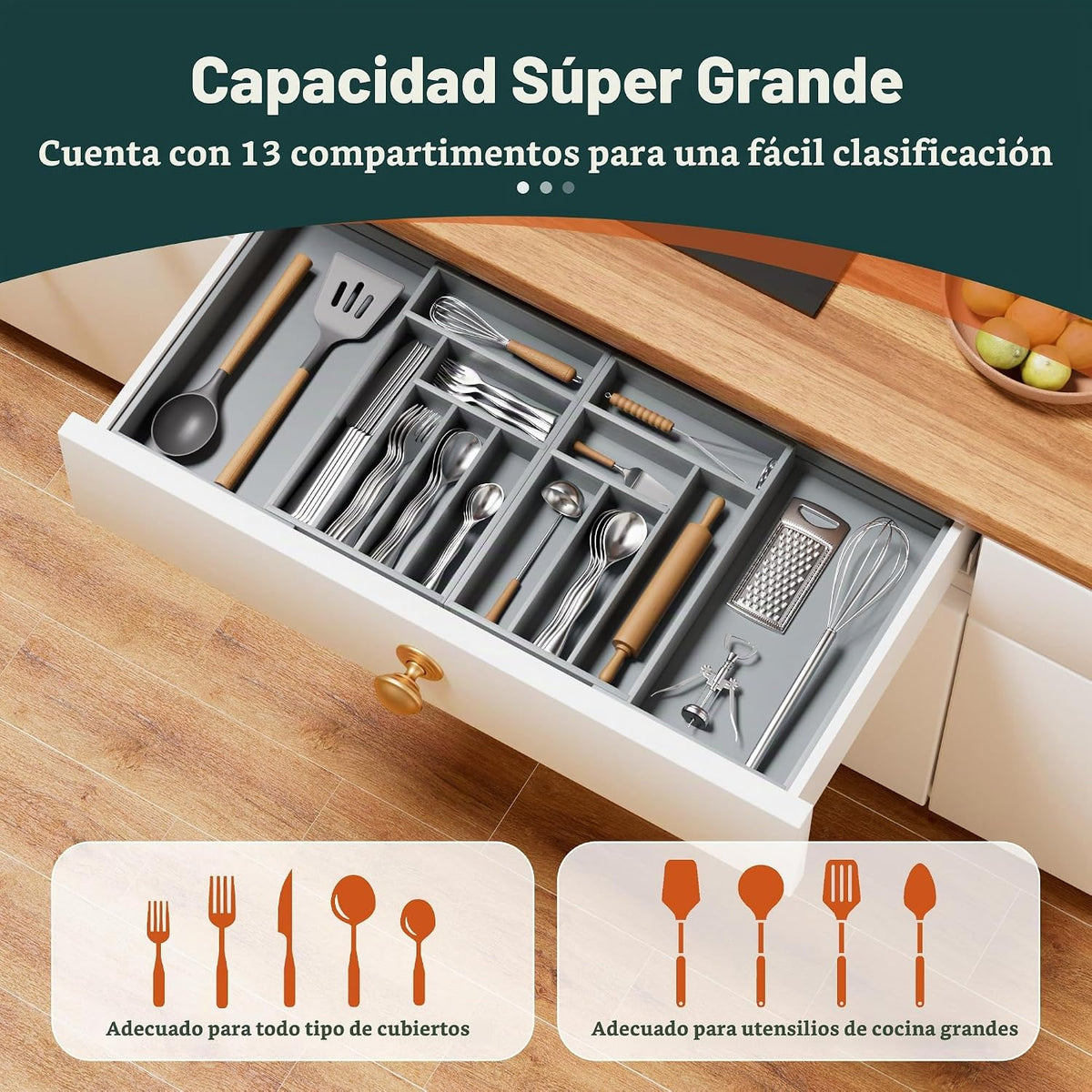 Organizador de cubiertos grande, magnéticamente conectado expandibl...