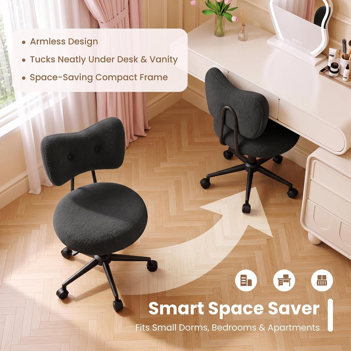 Silla de tocador pequeña con ruedas, cómoda silla de escritorio con...