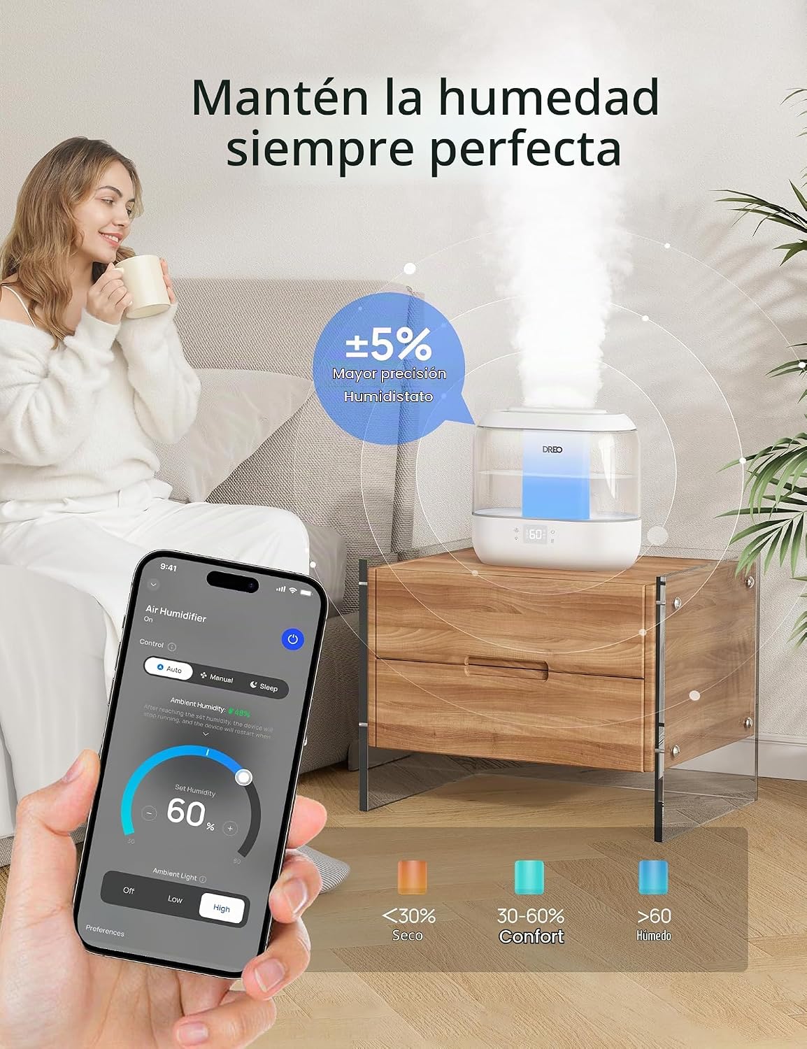 DREO Humidificadores inteligentes para dormitorio, humidificador de...