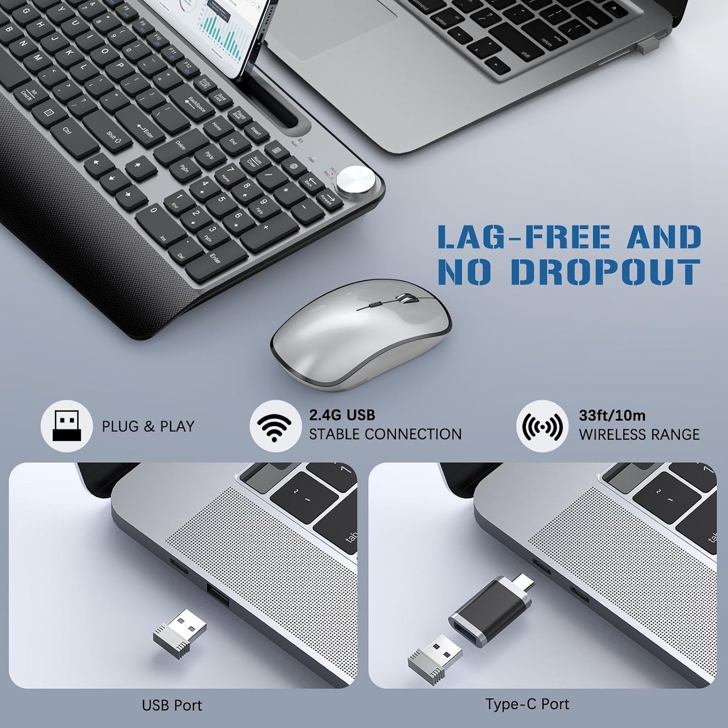 JOYACCESS Teclado y mouse inalámbricos, teclado inalámbrico ergonóm...