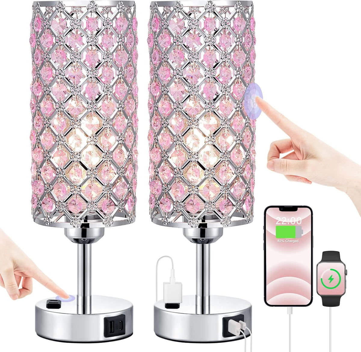 Juego de 2 lámparas de cristal rosa, lámpara táctil regulable de 3...