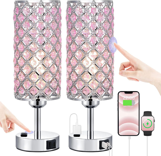 Juego de 2 lámparas de cristal rosa, lámpara táctil regulable de 3...