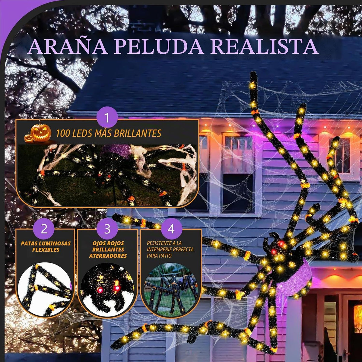 Araña gigante de 5.5 pies para decoración de Halloween con 100 luce...