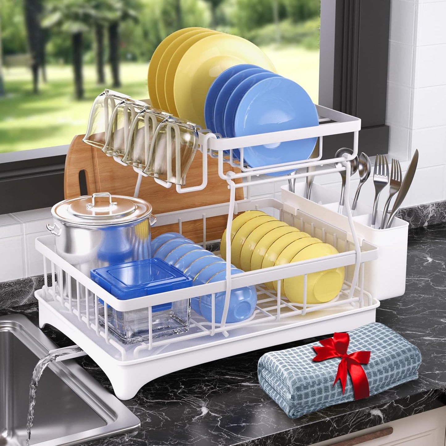 Godboat - Escurridor de platos de 2 niveles con drenaje automático...