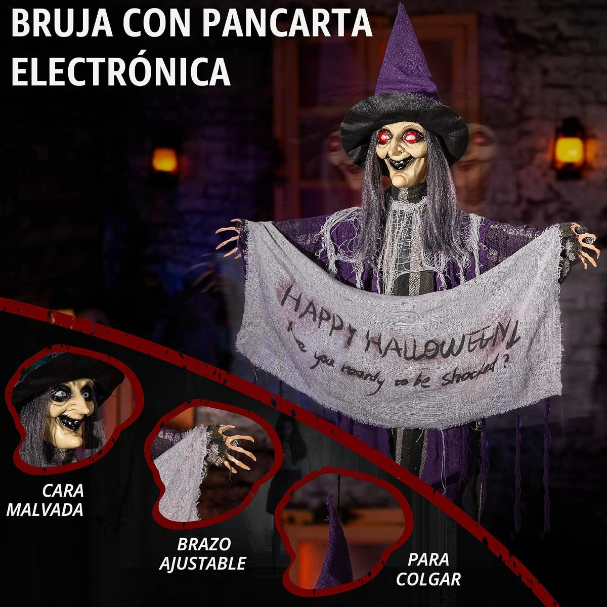 Bruja colgante de animatronics de Halloween de 5 pies, decoración d...