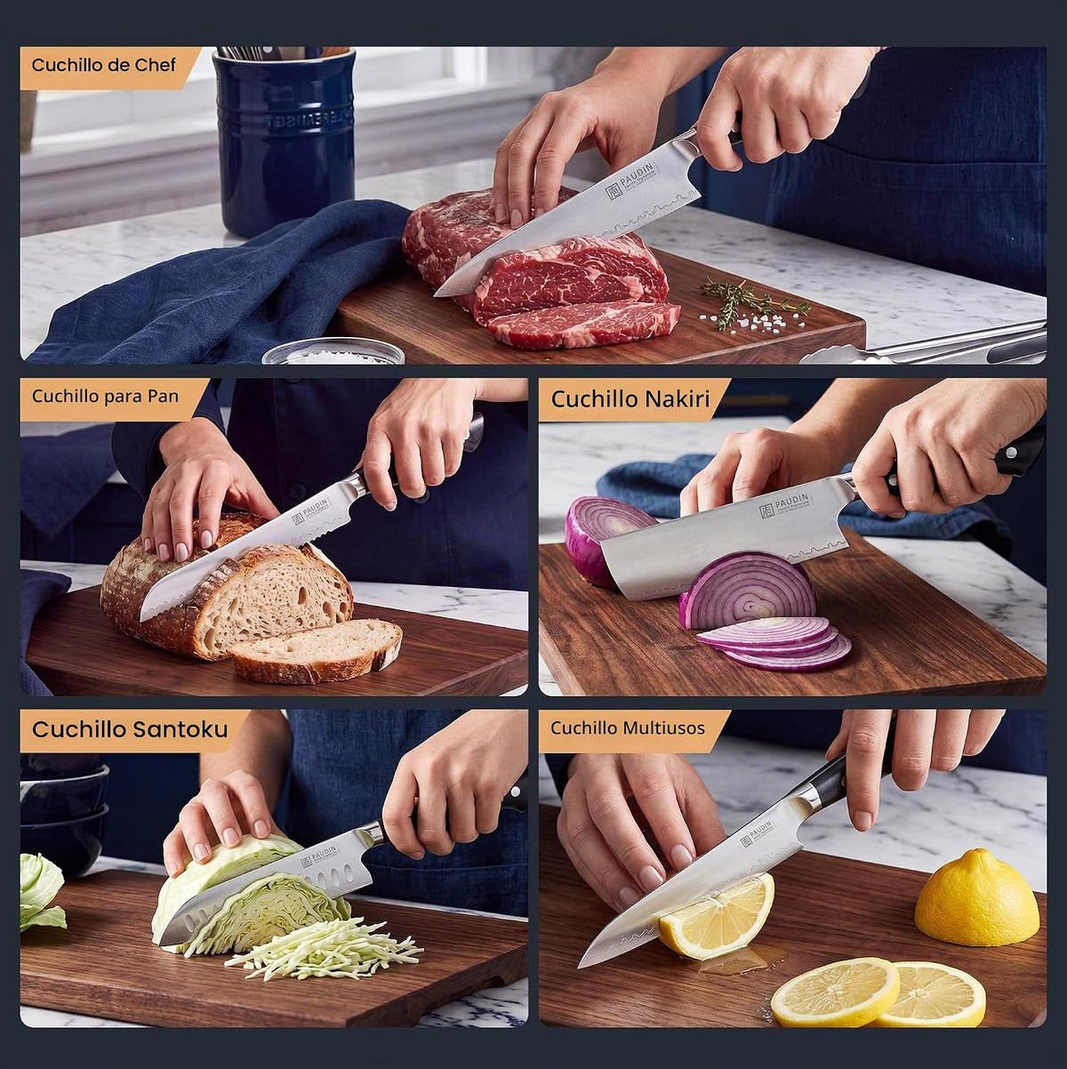 PAUDIN Juego de 5 cuchillos de chef ultra afilados, acero de alto c...