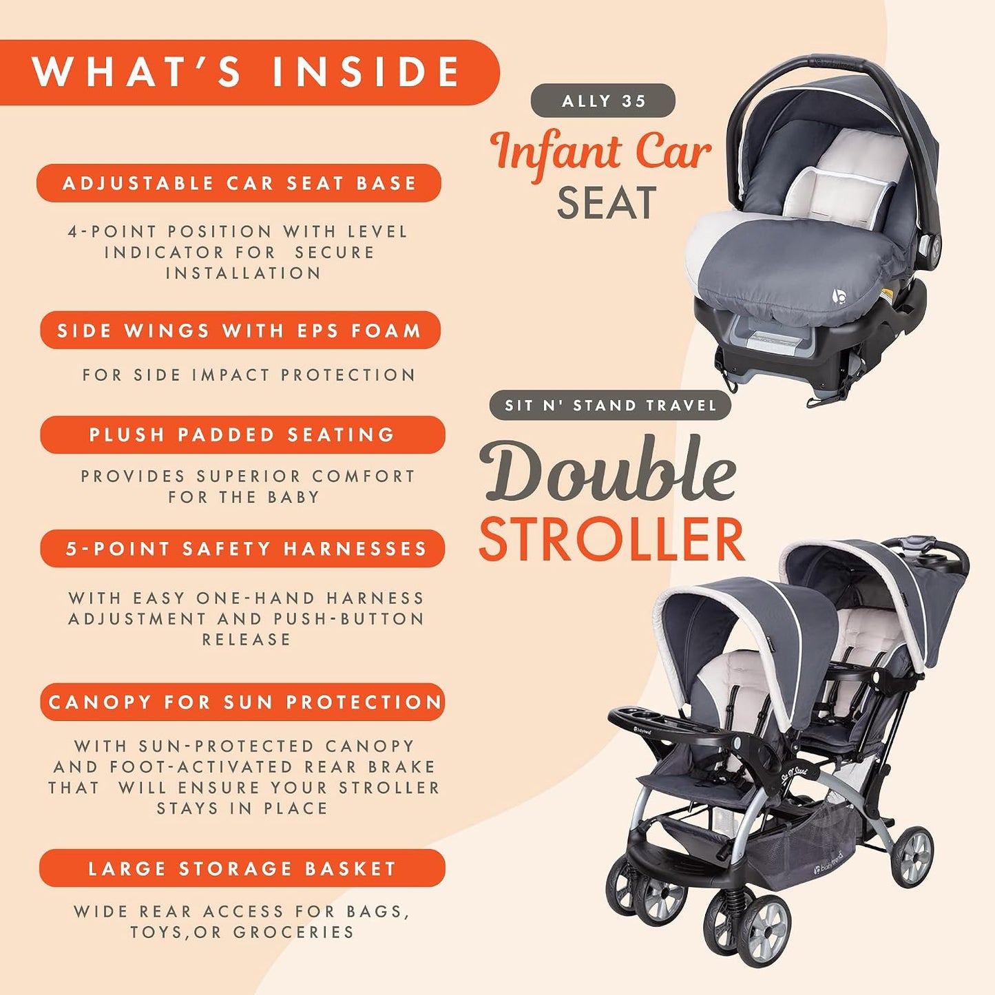 Baby Trend Cochecito doble para bebé y niño pequeño y combo de 2 as...