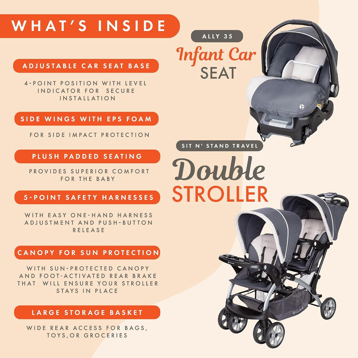 Cochecito Baby Trend doble, de 5 puntos, y asiento infantil para ve...