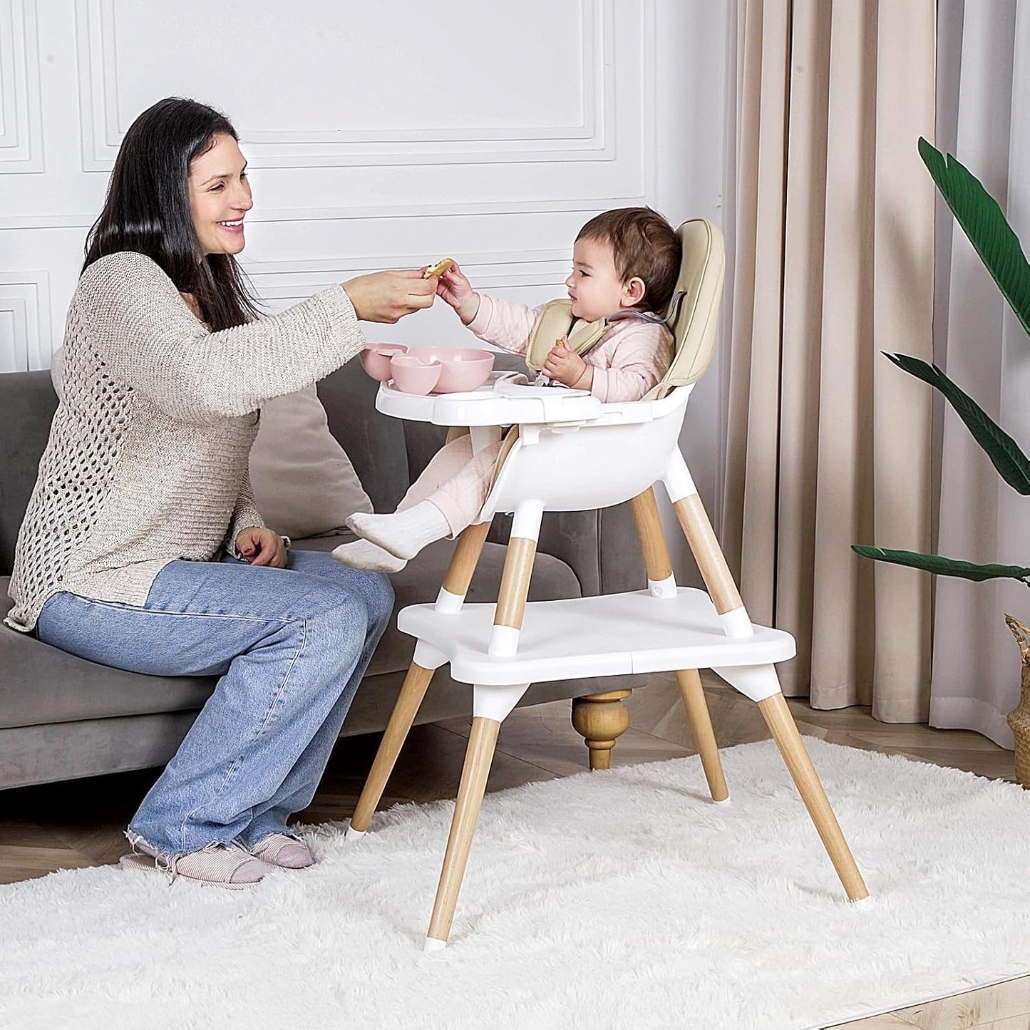 Silla alta 6 en 1 para bebés y niños pequeños, silla alta de madera...