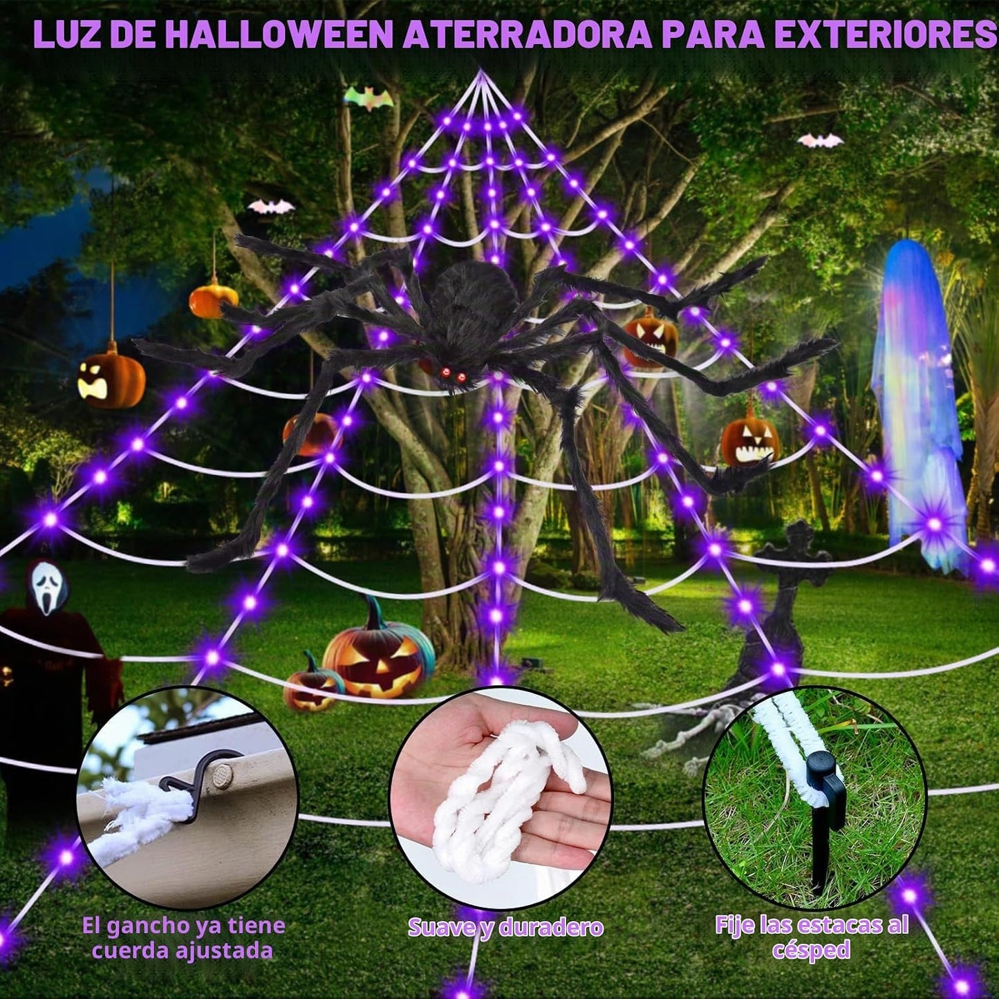 OCATO Decoraciones de Halloween Telarañas: luces de telaraña 135 lu...
