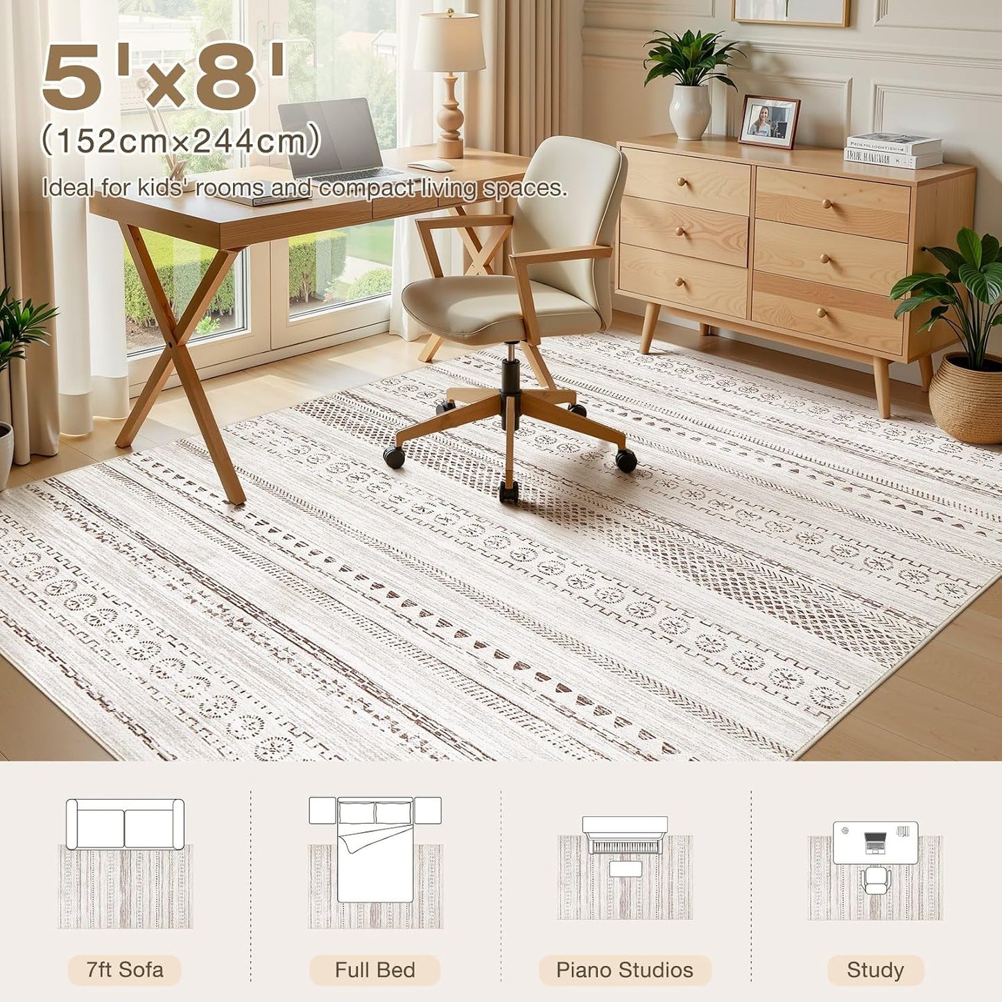 Alfombra de Área para Sala de Estar - 5X8 Lavable Boho Granja Bohem...