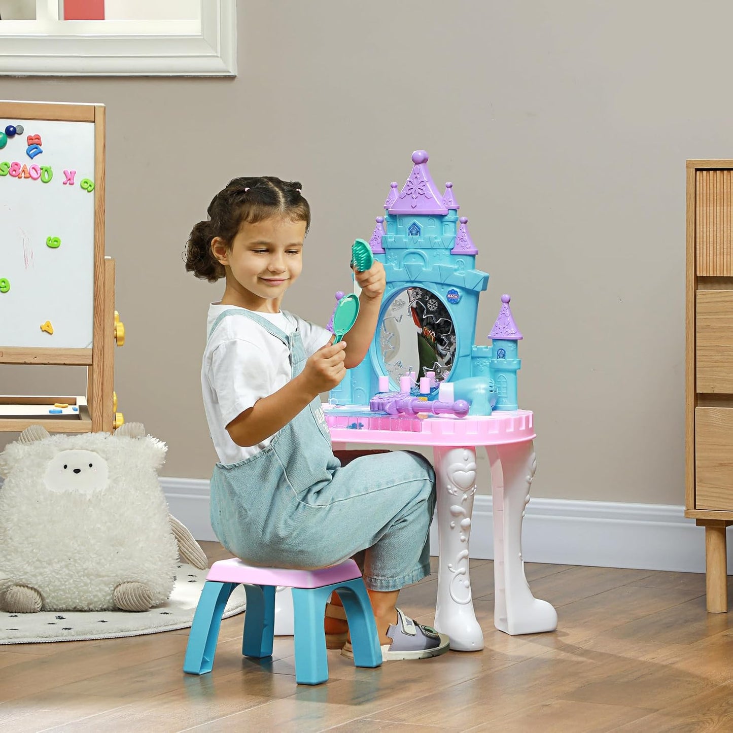Qaba - Juego de tocador infantil con espejo y taburete para niñas d...