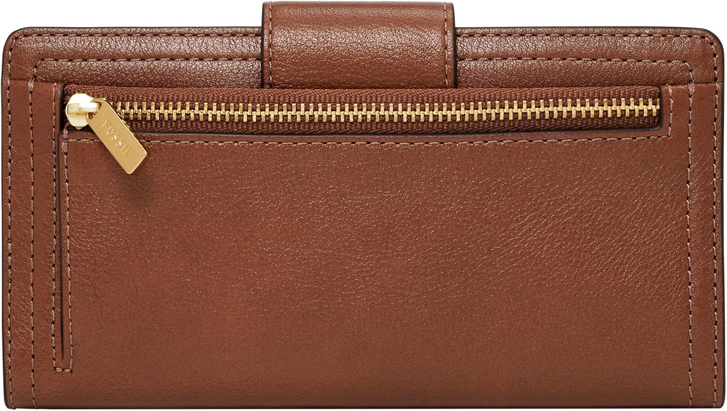 Fossil Cartera de cuero Logan para mujer con pestaña de bloqueo RFID