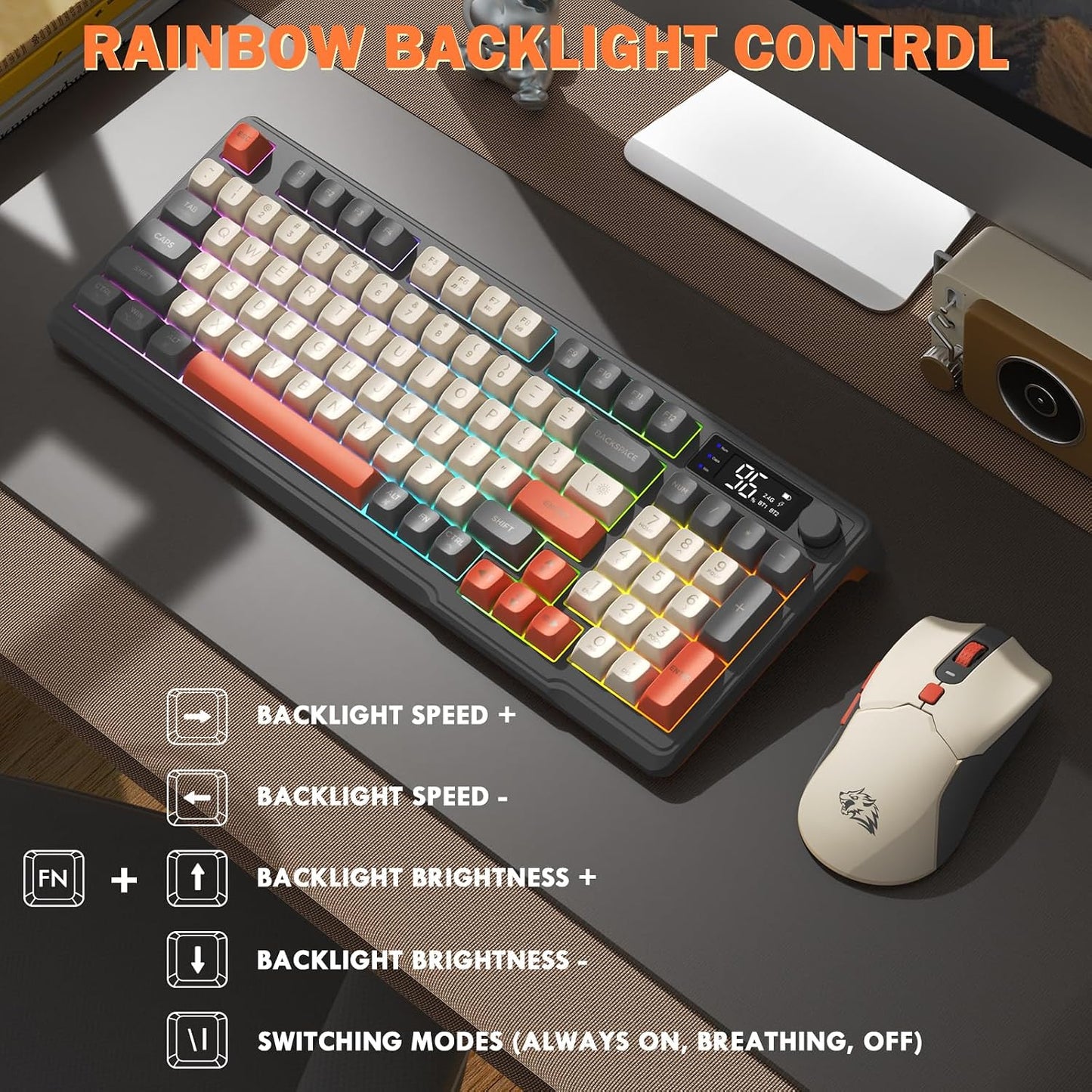 FREEWOLF T96 Smart Display Wireless Gaming Keyboard and Mouse Peine...