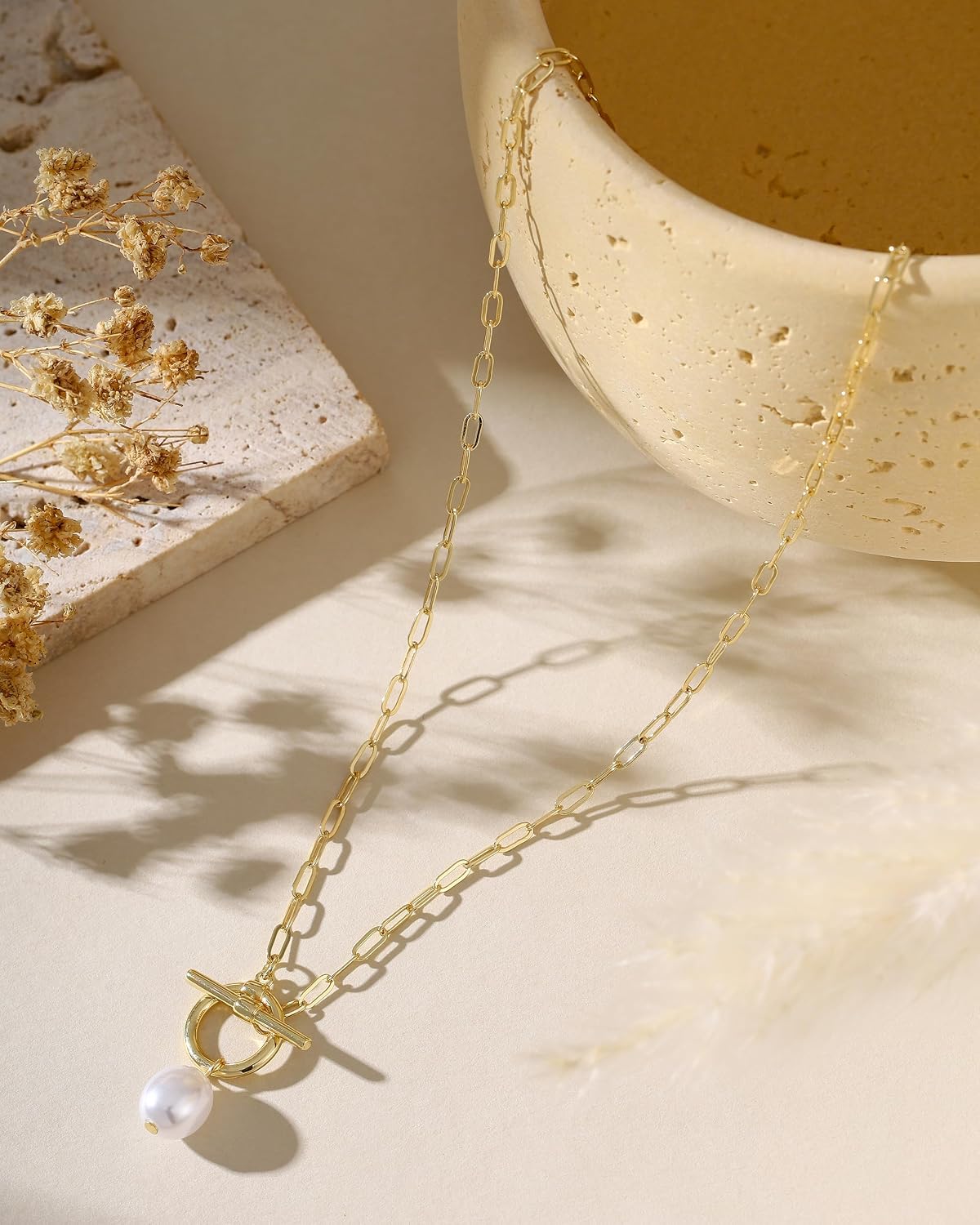 Collares de perlas para mujer, chapado en oro de 14 quilates, colla...