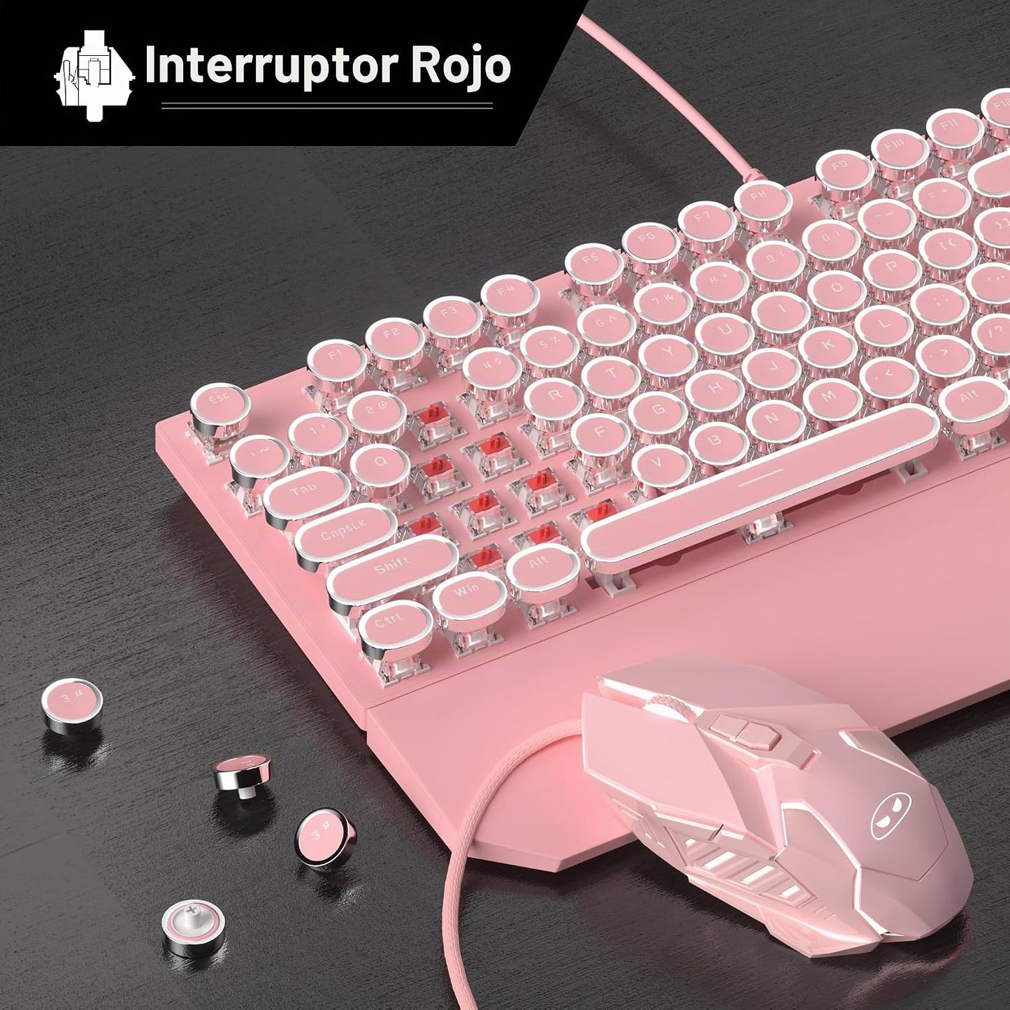 Combo de teclado y mouse estilo máquina de escribir rosa retro, bon...